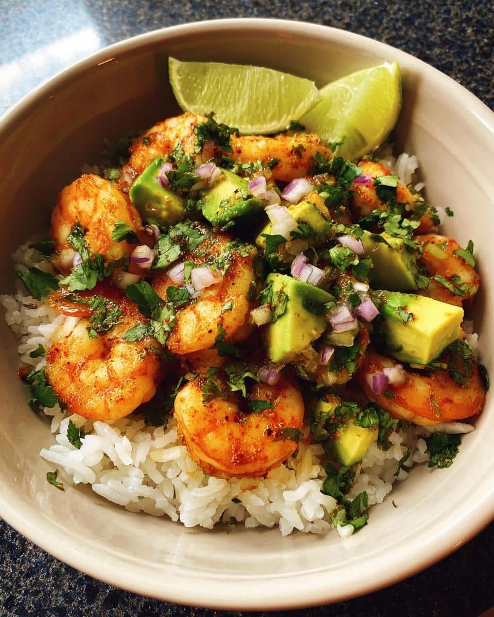 Devour Delicious Shrimp and Avocado Bowls in 20 Minutes 9 Close-up of Shrimp and Avocado Bowls with rice, lime, red onion, and cilantro.