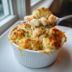 Close-up of Shrimp and Lobster Cheddar Bay Biscuit Pot Pie in a ramekin with a spoonful being lifted.