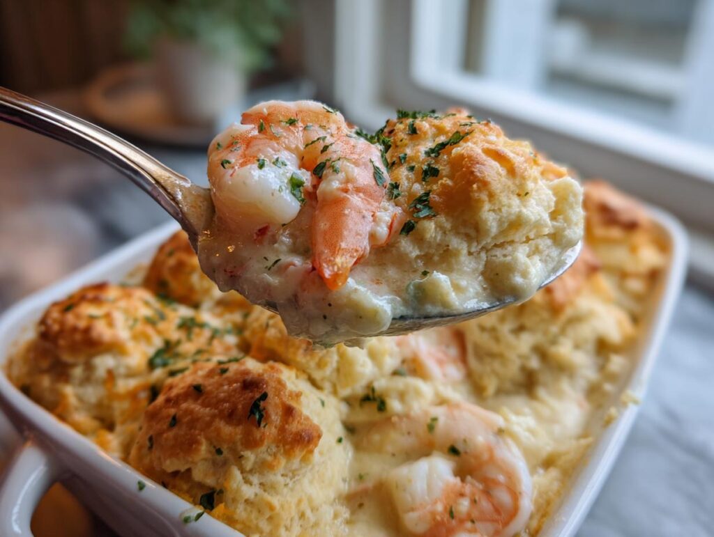 A spoonful of Shrimp and Lobster Cheddar Bay Biscuit Pot Pie, showing shrimp and biscuit topping.