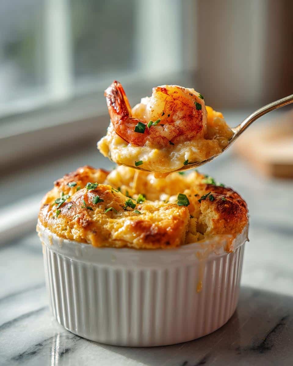 Devastating Shrimp and Lobster Cheddar Bay Biscuit Pot Pie 6 Close-up of Shrimp and Lobster Cheddar Bay Biscuit Pot Pie with a spoonful of shrimp.