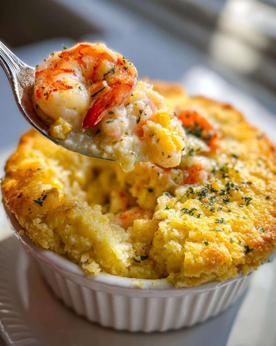 Devastating Shrimp and Lobster Cheddar Bay Biscuit Pot Pie 8 A spoonful of Shrimp and Lobster Cheddar Bay Biscuit Pot Pie, showcasing the creamy filling and flaky biscuit.