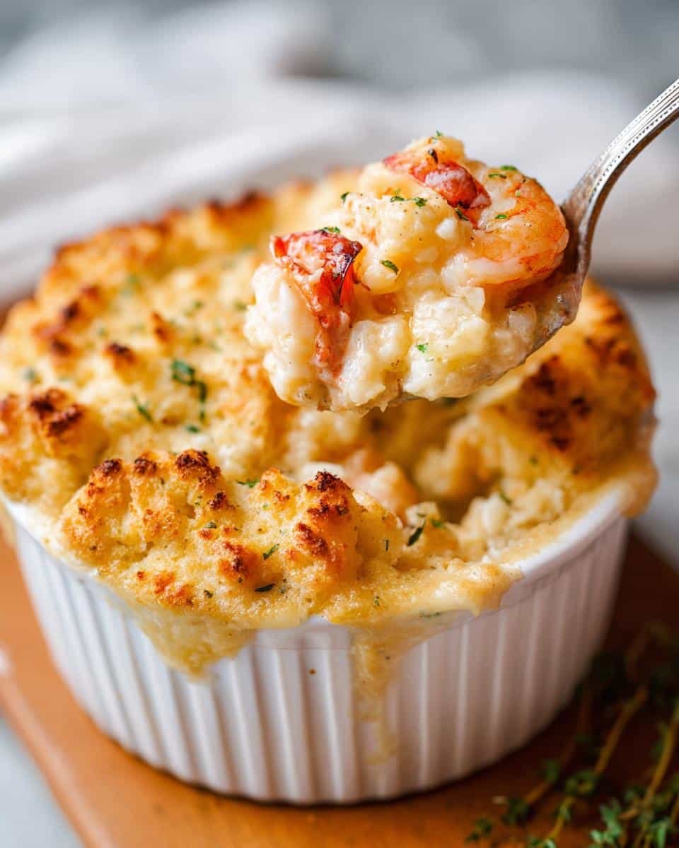 Devastating Shrimp and Lobster Cheddar Bay Biscuit Pot Pie 9 Spoonful of Shrimp and Lobster Cheddar Bay Biscuit Pot Pie over a white ramekin.
