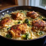 A skillet filled with Skillet Chicken Thighs Broccoli Cheddar Orzo, featuring crispy chicken thighs and creamy orzo.