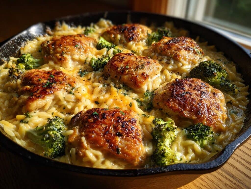 A skillet filled with Skillet Chicken Thighs Broccoli Cheddar Orzo, featuring golden brown chicken and cheesy orzo.