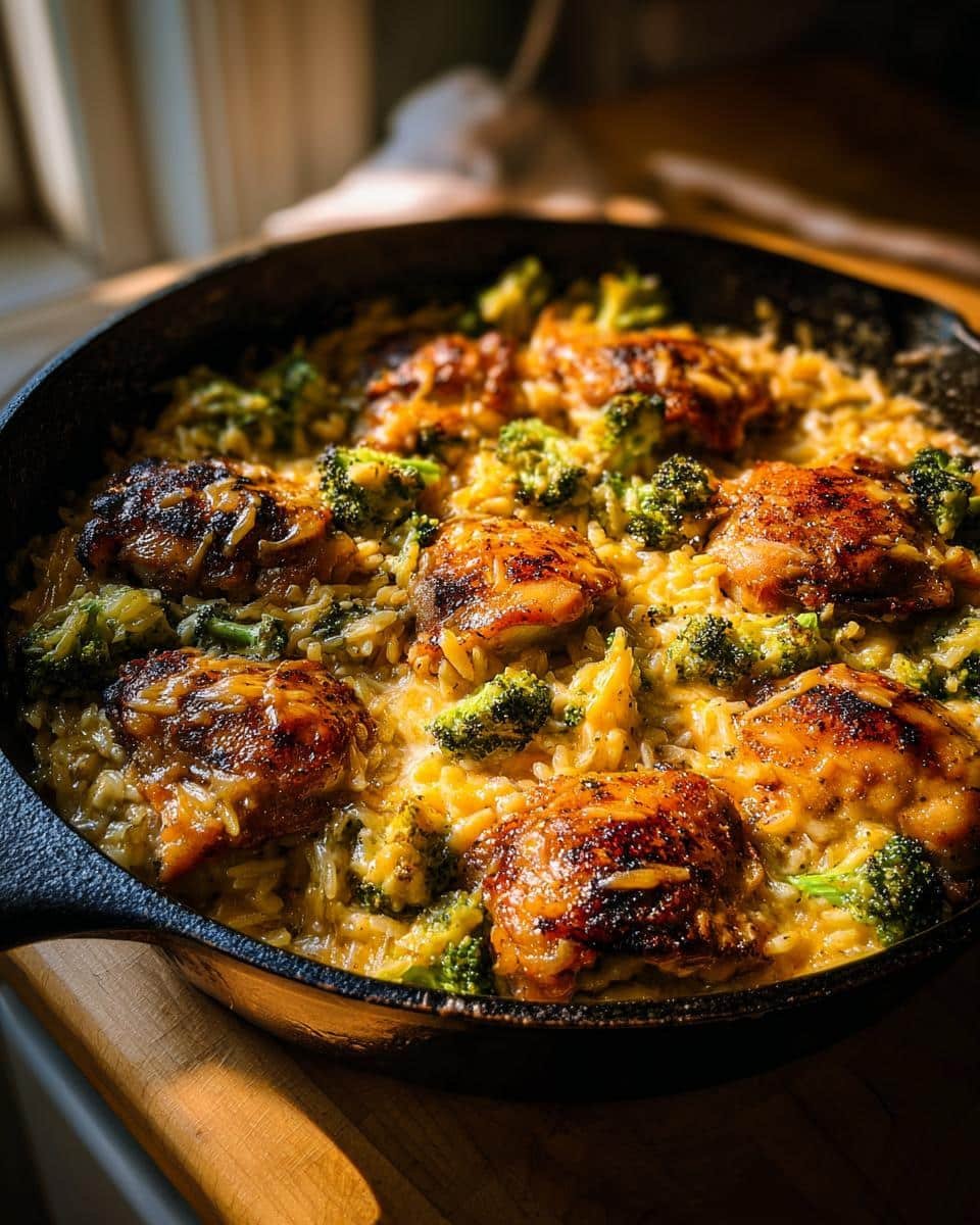 Easy Skillet Chicken Thighs Broccoli Cheddar Orzo: A Win 6 A cast iron skillet filled with Skillet Chicken Thighs Broccoli Cheddar Orzo, ready to serve.