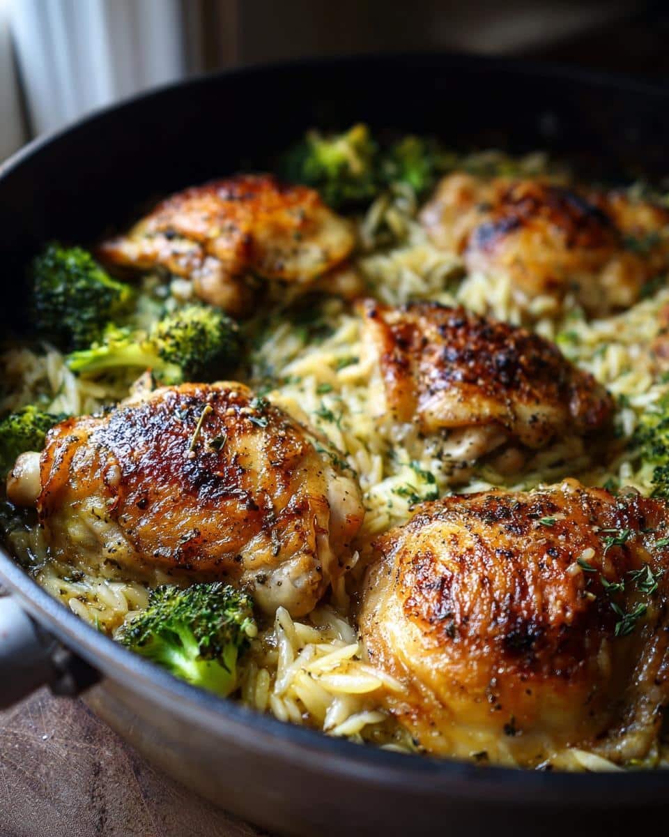 Easy Skillet Chicken Thighs Broccoli Cheddar Orzo: A Win 7 Close-up of Skillet Chicken Thighs Broccoli Cheddar Orzo in a skillet, featuring golden-brown chicken and vibrant green broccoli.
