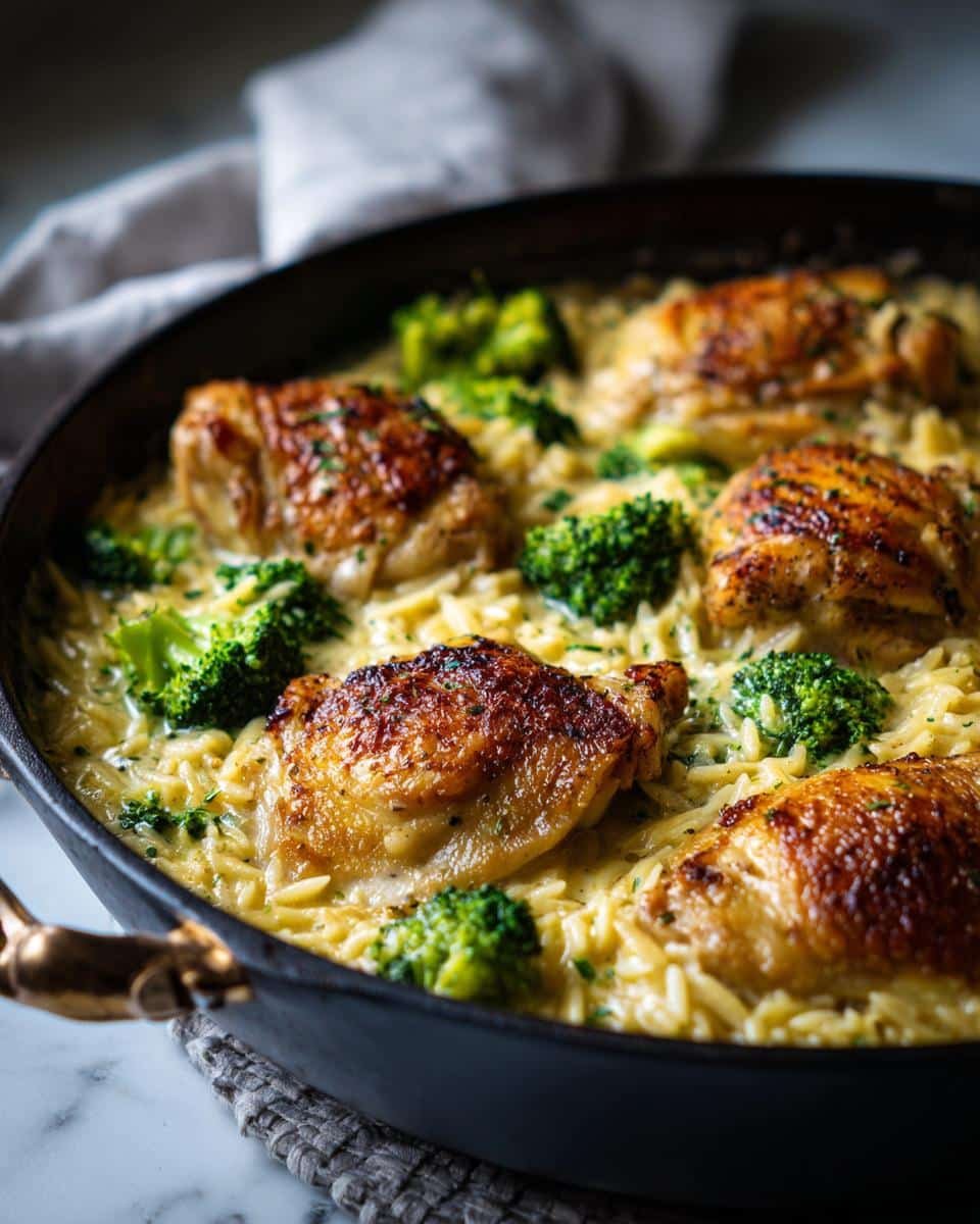Easy Skillet Chicken Thighs Broccoli Cheddar Orzo: A Win 8 Close-up of Skillet Chicken Thighs Broccoli Cheddar Orzo in a cast iron skillet, featuring golden-brown chicken and broccoli.