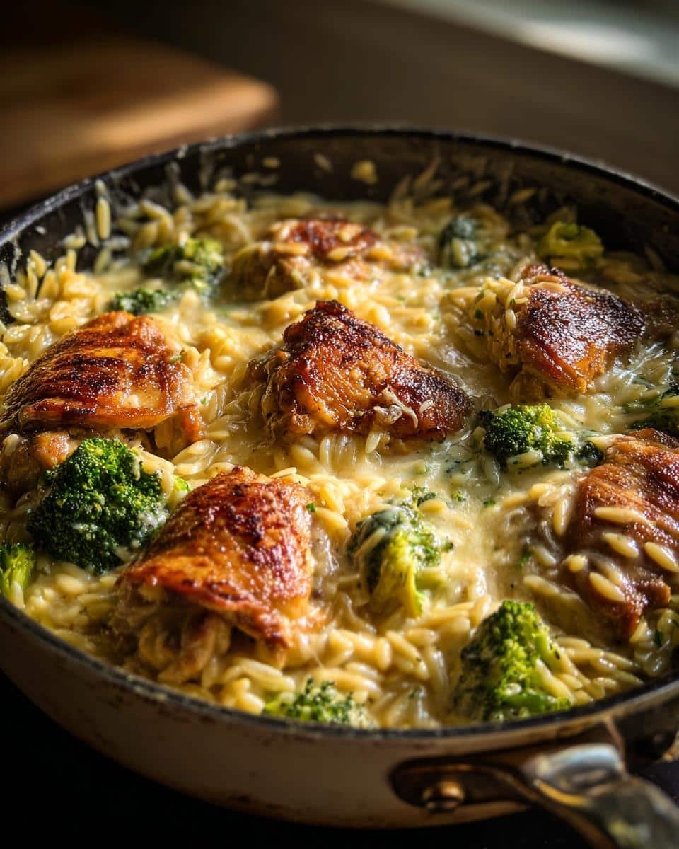 Easy Skillet Chicken Thighs Broccoli Cheddar Orzo: A Win 9 A skillet filled with Skillet Chicken Thighs Broccoli Cheddar Orzo, featuring browned chicken thighs, broccoli florets, and cheesy orzo pasta.