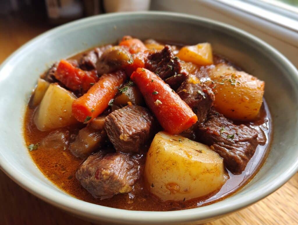A bowl of hearty Slow Cooker Beef Bourguignon with tender beef, carrots, and potatoes.