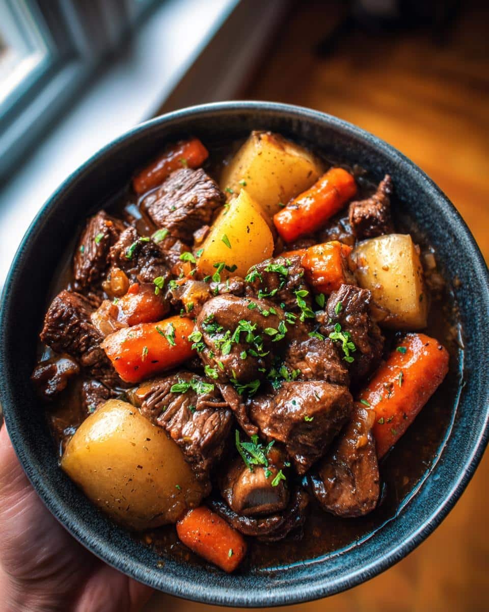 Ultimate Slow Cooker Beef Bourguignon: 8 Hour Flavor 6 A bowl of hearty Slow Cooker Beef Bourguignon with beef, carrots, potatoes, and herbs.
