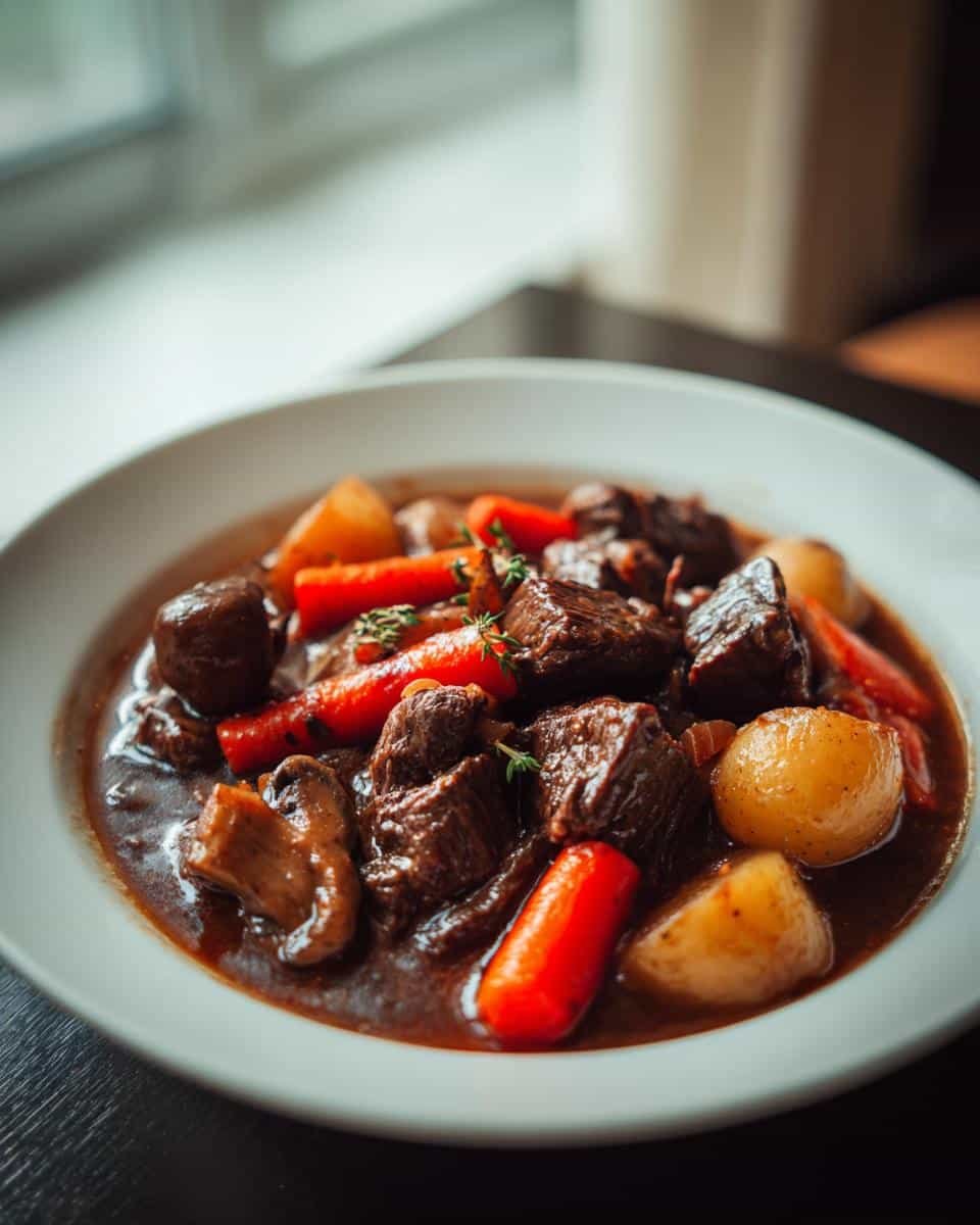 Ultimate Slow Cooker Beef Bourguignon: 8 Hour Flavor 8 A bowl of hearty Slow Cooker Beef Bourguignon featuring tender beef, carrots, and potatoes in a rich sauce.