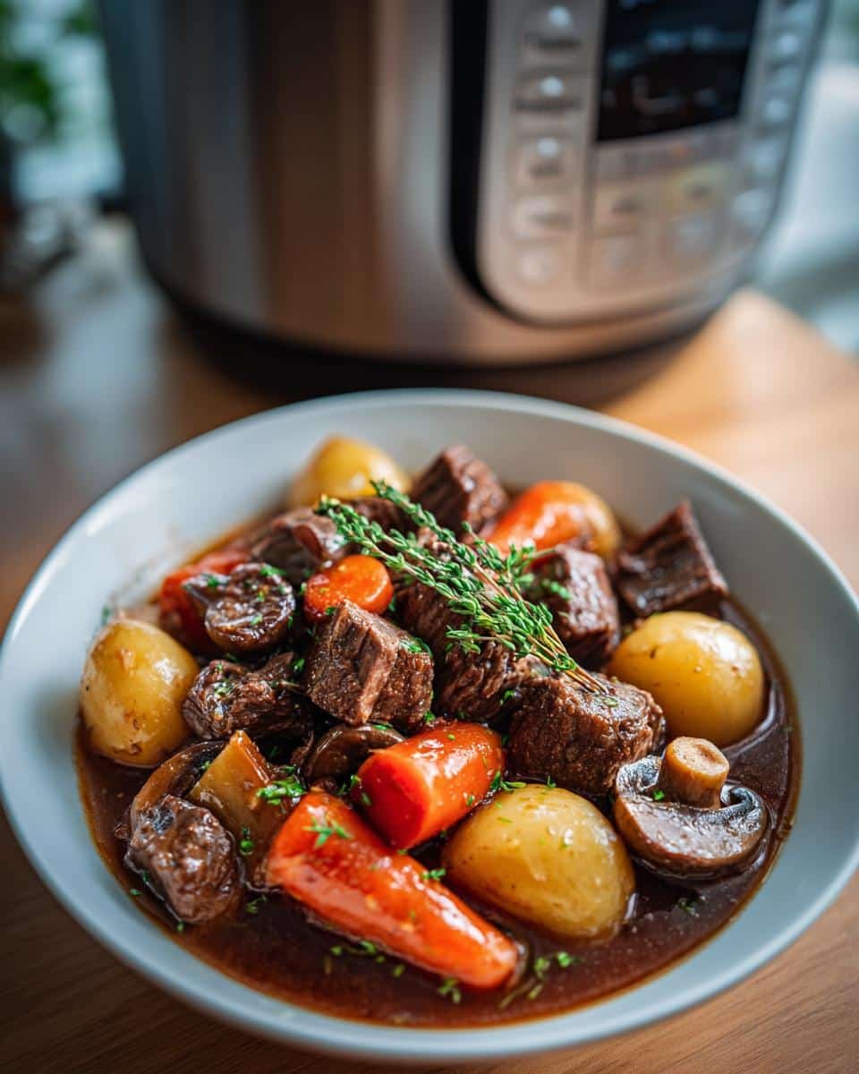 Ultimate Slow Cooker Beef Bourguignon: 8 Hour Flavor 9 A bowl of Slow Cooker Beef Bourguignon with beef, potatoes, carrots, and mushrooms, garnished with thyme.