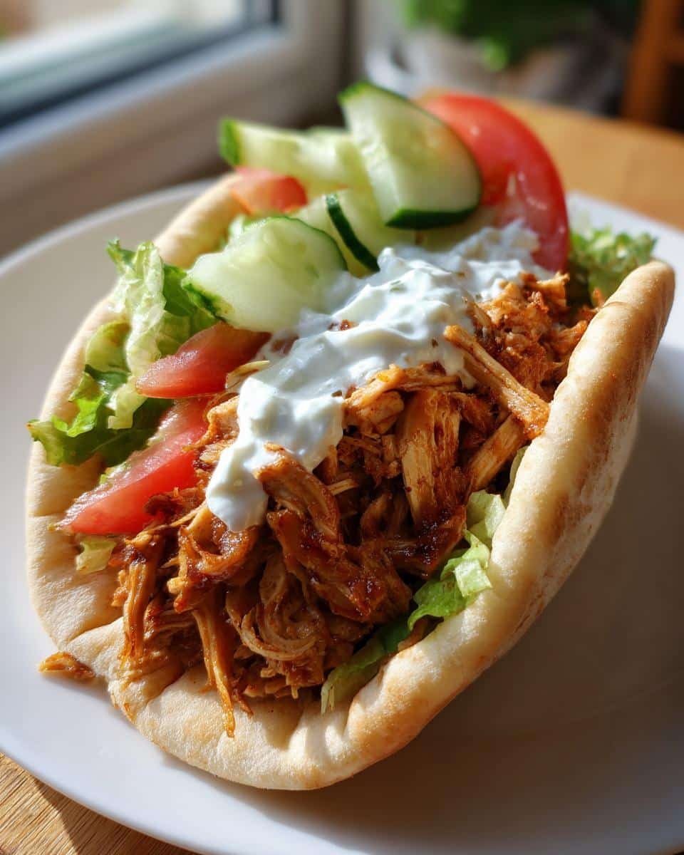 Delicious Slow Cooker Chicken Shawarma in Just 6 Hours 9 A pita bread filled with Slow Cooker Chicken Shawarma, lettuce, tomatoes, cucumbers, and a creamy white sauce.