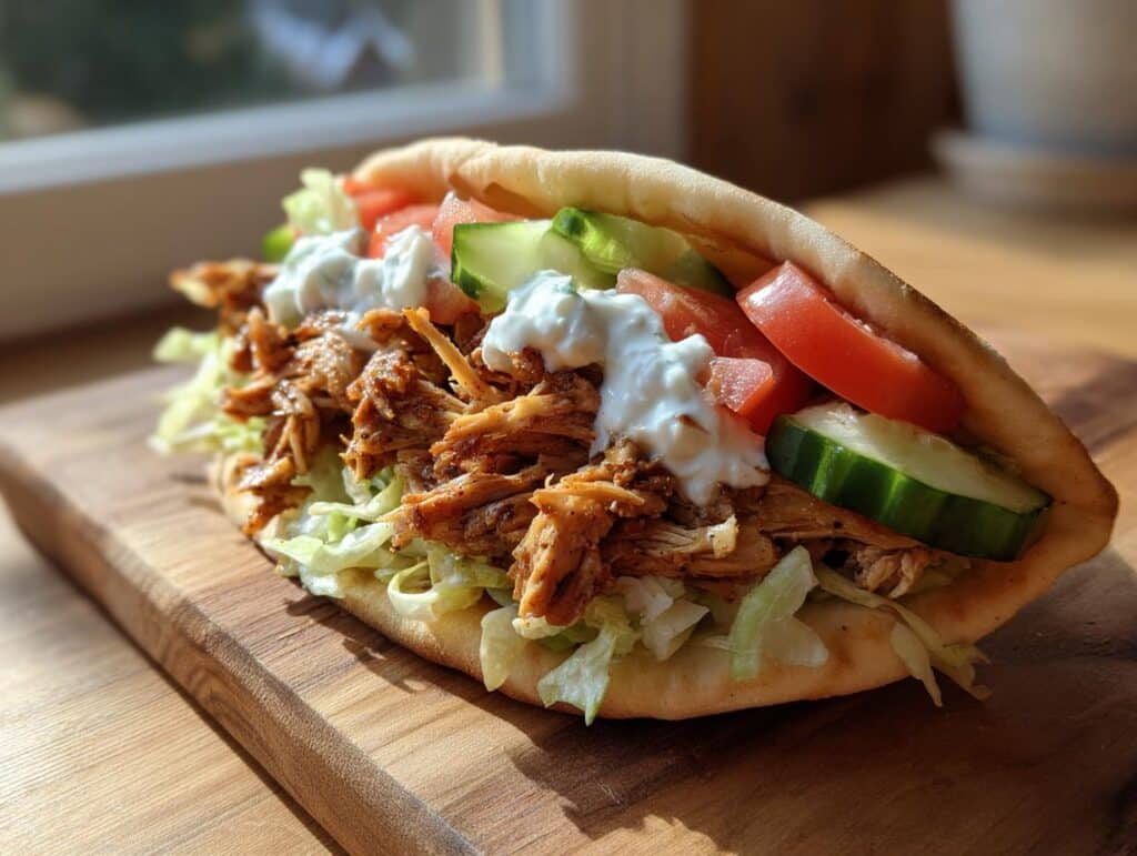 Close-up of Slow Cooker Chicken Shawarma sandwich with lettuce, tomato, cucumber, and tzatziki sauce on pita bread.