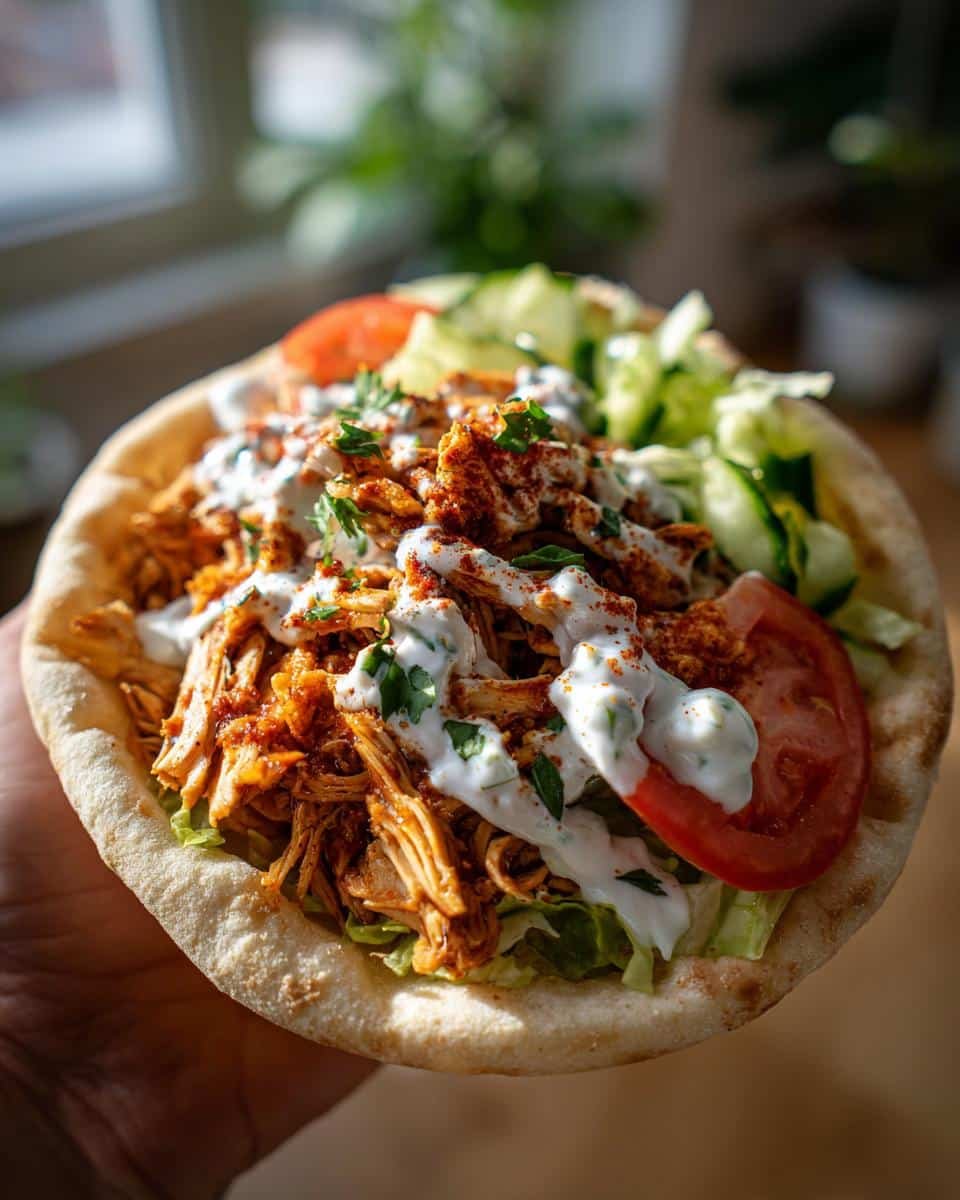 Delicious Slow Cooker Chicken Shawarma in Just 6 Hours 7 Close-up of Slow Cooker Chicken Shawarma in a pita wrap with lettuce, tomato, cucumber, and a creamy white sauce.
