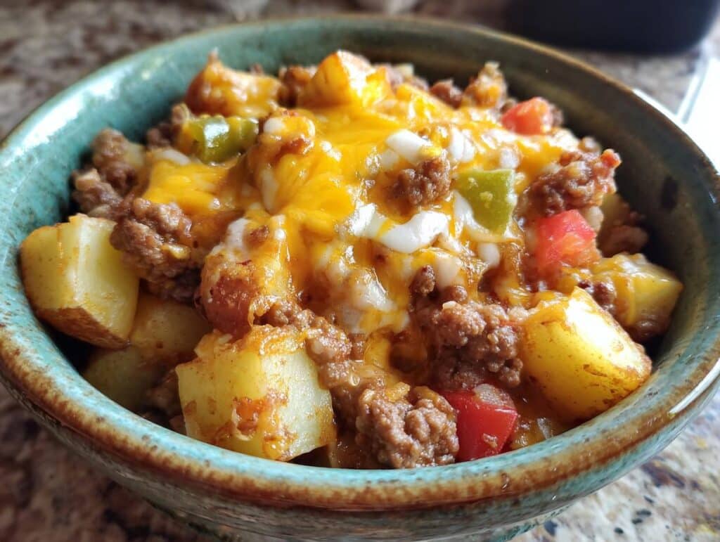 A bowl of cheesy Slow Cooker Cowboy Potato Casserole with potatoes, ground beef, and peppers.