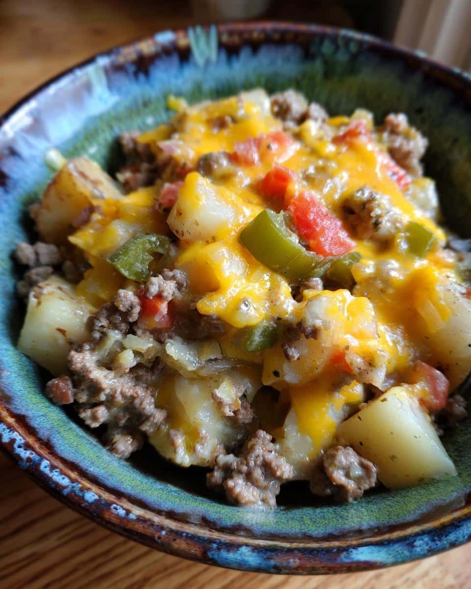 Delicious Slow Cooker Cowboy Potato Casserole in 6 Hours 6 A bowl of Slow Cooker Cowboy Potato Casserole with potatoes, ground beef, peppers, and melted cheese.