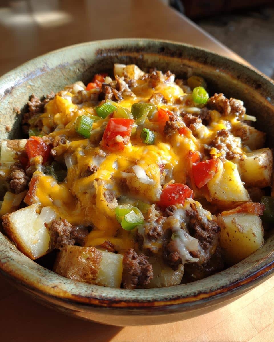 Delicious Slow Cooker Cowboy Potato Casserole in 6 Hours 7 Close-up of Slow Cooker Cowboy Potato Casserole in a bowl, topped with cheese, meat, and vegetables.