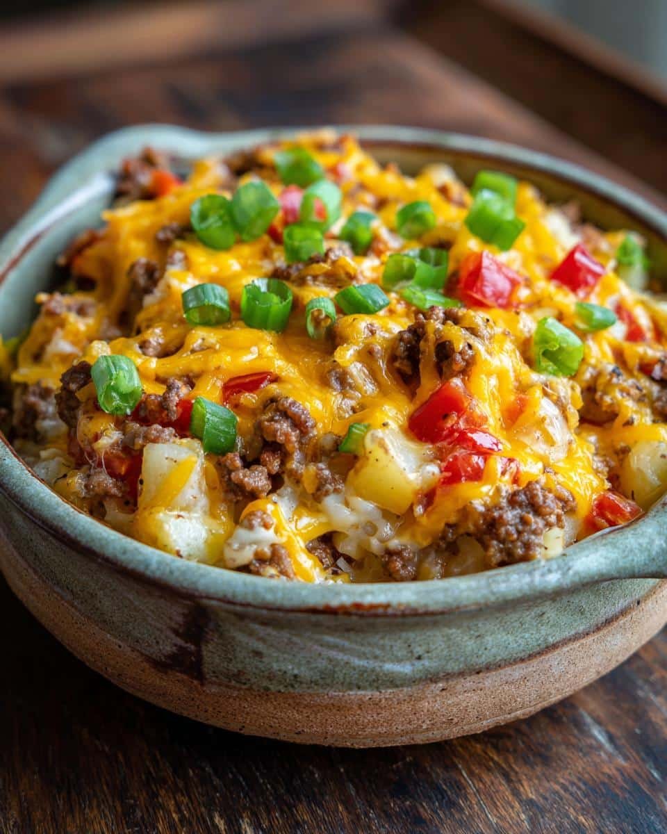 Delicious Slow Cooker Cowboy Potato Casserole in 6 Hours 8 A bowl of Slow Cooker Cowboy Potato Casserole, topped with melted cheese and green onions.