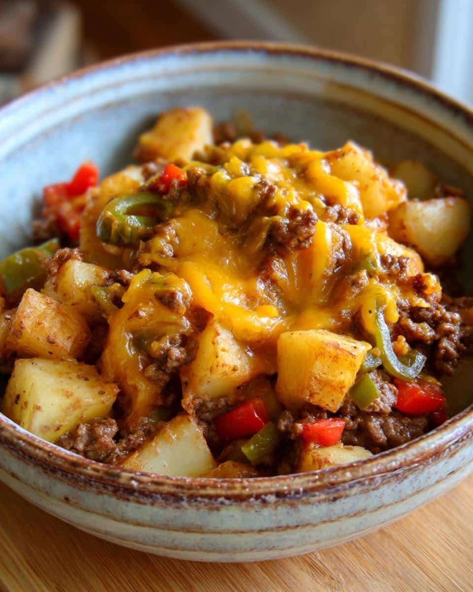 Delicious Slow Cooker Cowboy Potato Casserole in 6 Hours 9 A bowl of Slow Cooker Cowboy Potato Casserole with potatoes, ground beef, peppers, and melted cheese.