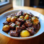A bowl of Slow Cooker Garlic Butter Beef Bites and Potatoes, garnished with fresh herbs.