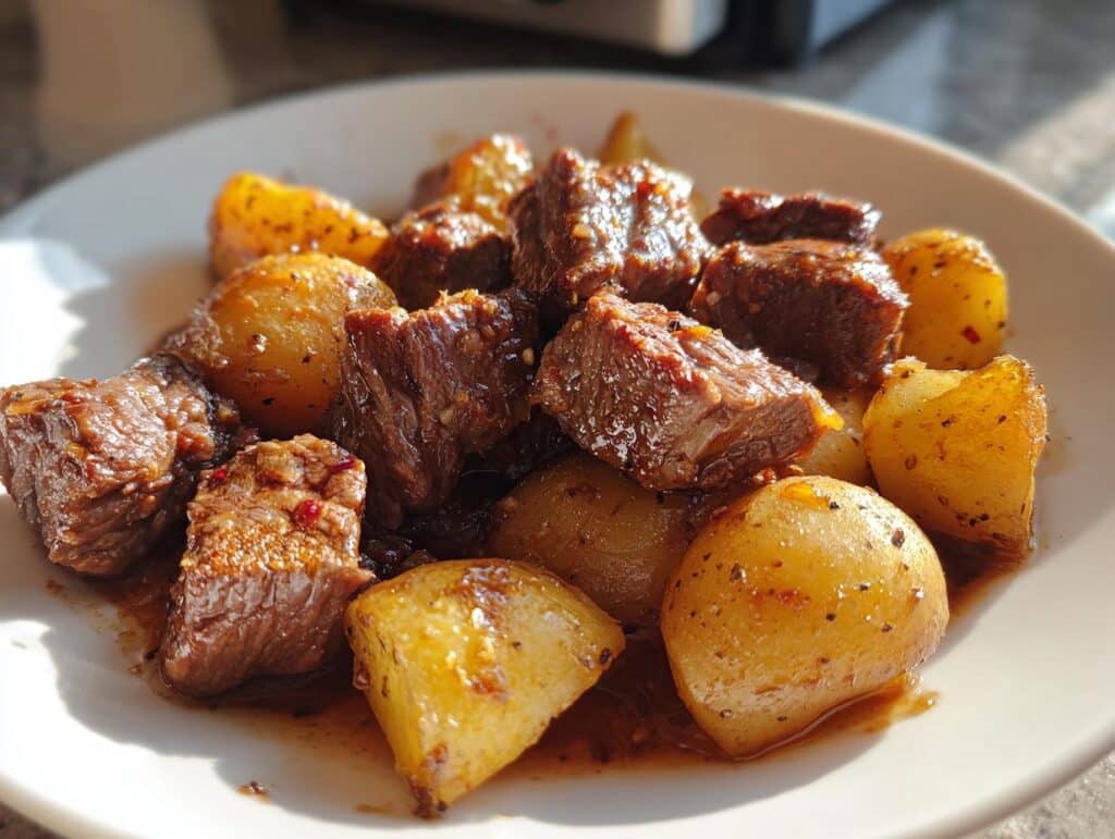 A plate of Slow Cooker Garlic Butter Beef Bites and Potatoes, glistening with sauce.
