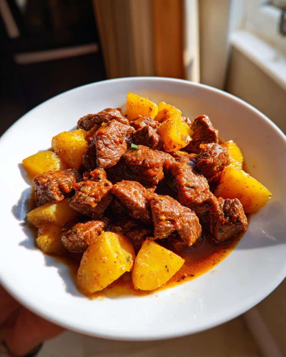 Slow Cooker Garlic Butter Beef Bites & Potatoes: 1 Disgrace 6 A bowl of Slow Cooker Garlic Butter Beef Bites and Potatoes, featuring tender beef and golden potatoes in a rich sauce.