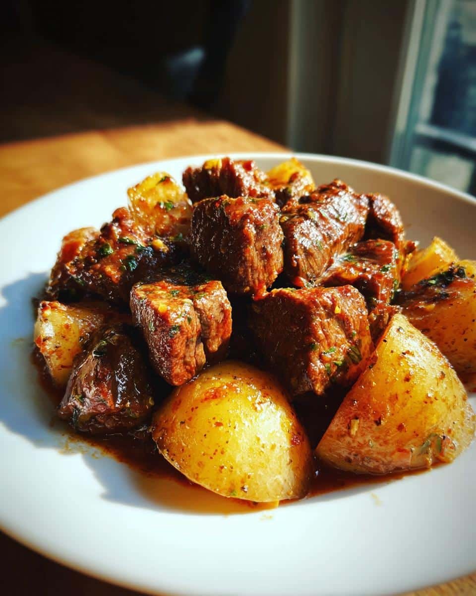 Slow Cooker Garlic Butter Beef Bites & Potatoes: 1 Disgrace 7 A plate of Slow Cooker Garlic Butter Beef Bites and Potatoes, glistening with sauce and herbs.