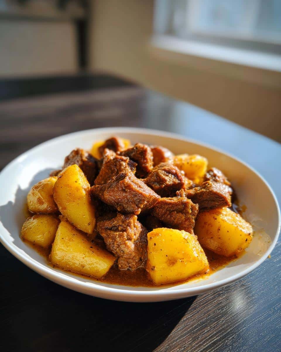 Slow Cooker Garlic Butter Beef Bites & Potatoes: 1 Disgrace 8 A bowl of Slow Cooker Garlic Butter Beef Bites and Potatoes, ready to eat.