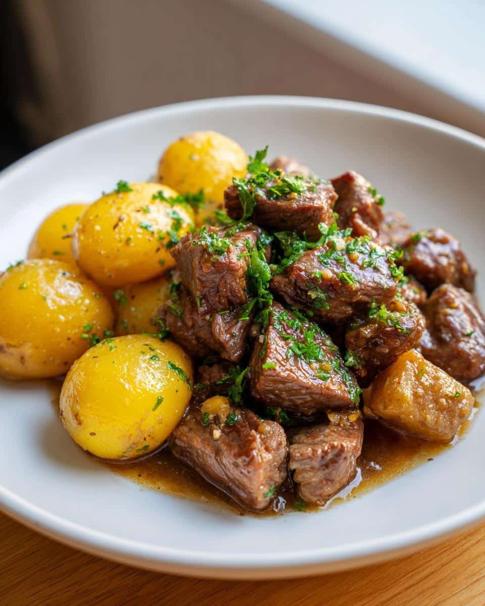 Slow Cooker Garlic Butter Beef Bites & Potatoes: 1 Disgrace 9 A plate of Slow Cooker Garlic Butter Beef Bites and Potatoes, garnished with fresh parsley.