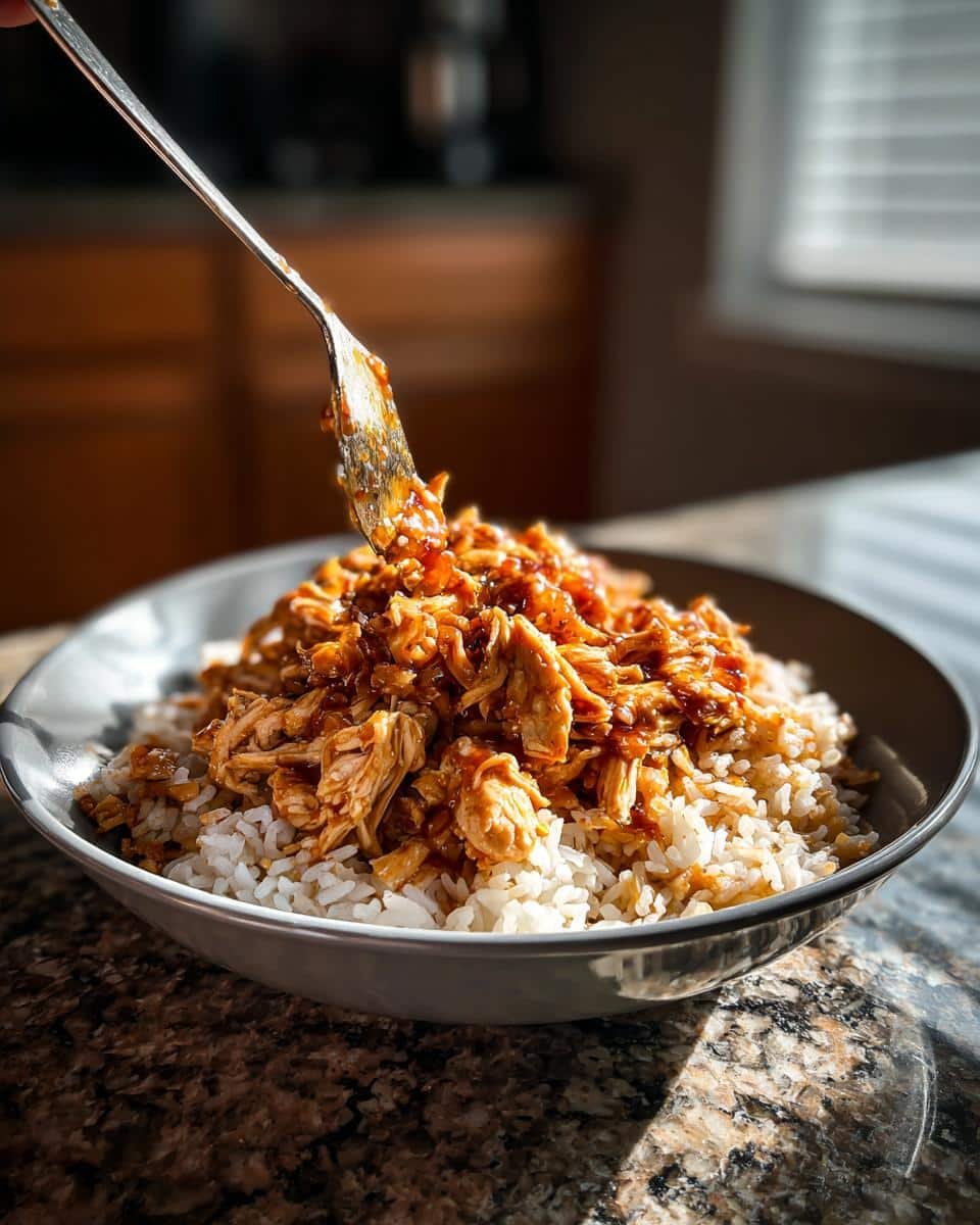 Failproof Slow Cooker Honey Garlic Chicken Tonight 6 A bowl of Slow Cooker Honey Garlic Chicken served over rice, with a fork lifting a portion.