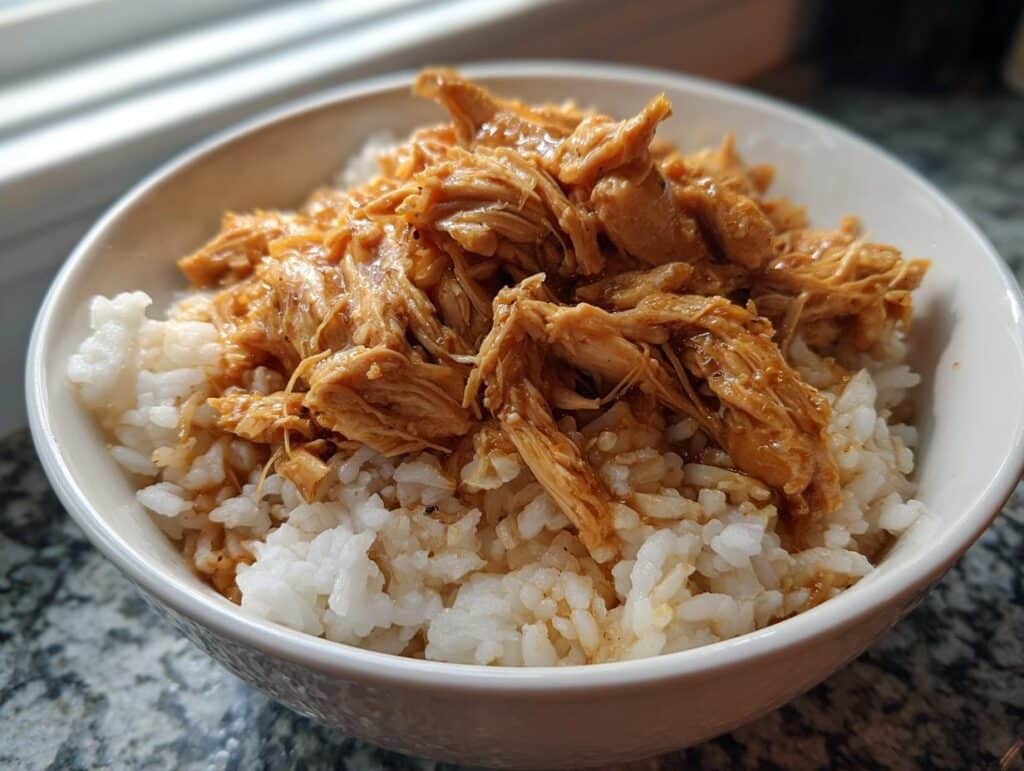 A bowl of Slow Cooker Honey Garlic Chicken served over white rice.