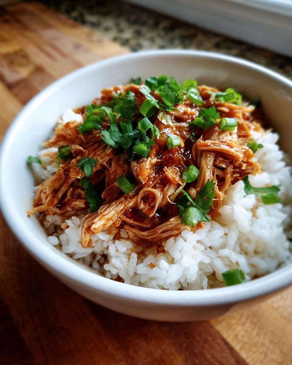 Failproof Slow Cooker Honey Garlic Chicken Tonight 9 A bowl of Slow Cooker Honey Garlic Chicken over rice, garnished with fresh cilantro and green onions.