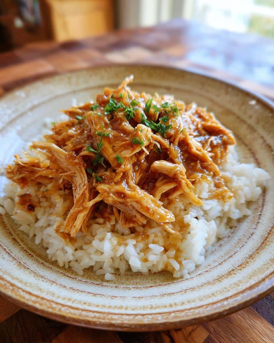 Failproof Slow Cooker Honey Garlic Chicken Tonight 8 A plate of Slow Cooker Honey Garlic Chicken served over white rice, garnished with fresh herbs.