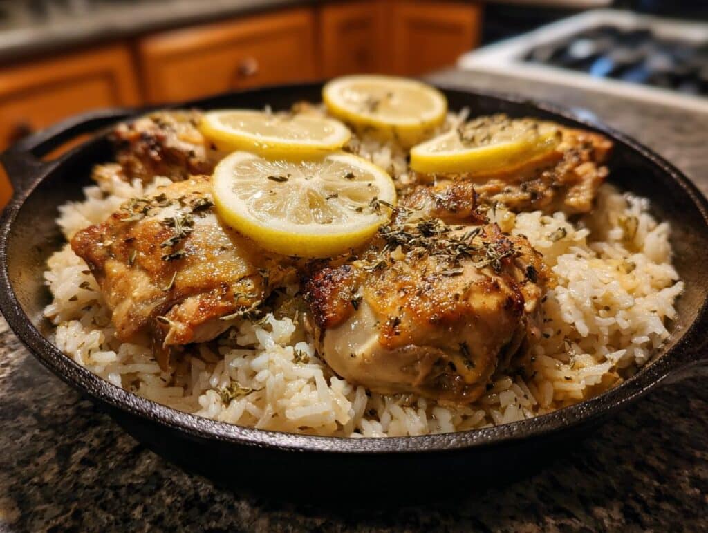 Close-up of Slow Cooker Lemon Herb Chicken Rice in a cast iron pan, garnished with lemon slices and herbs.