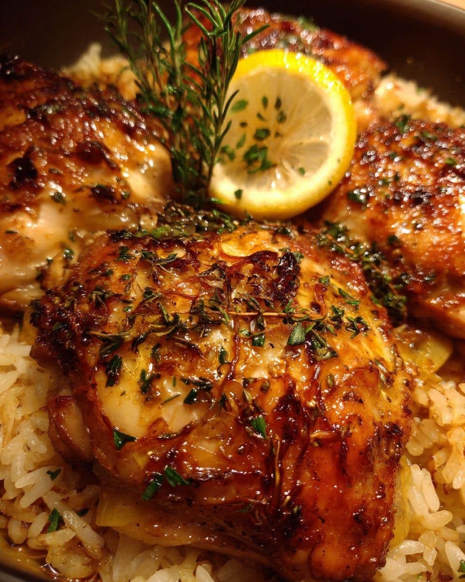 Slow Cooker Lemon Herb Chicken Rice: Ditch Dinner Dread 6 Close-up of Slow Cooker Lemon Herb Chicken Rice, featuring chicken thighs, rice, lemon slice, and fresh herbs.