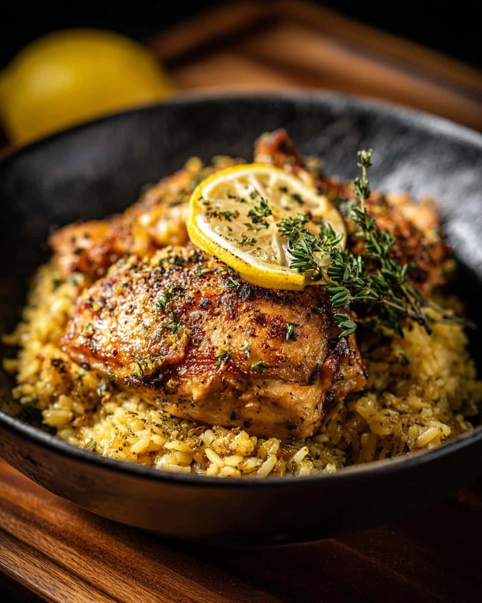 Slow Cooker Lemon Herb Chicken Rice: Ditch Dinner Dread 8 A bowl of Slow Cooker Lemon Herb Chicken Rice, garnished with a lemon slice and fresh thyme.