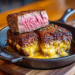 Close-up of Slow Cooker Steak Cheddar Potato dish, featuring tender steak topped with melted cheddar cheese.