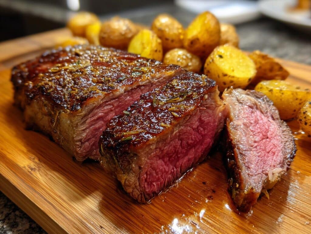 Juicy slow cooker steak cheddar potato served with roasted potatoes on a wooden board.
