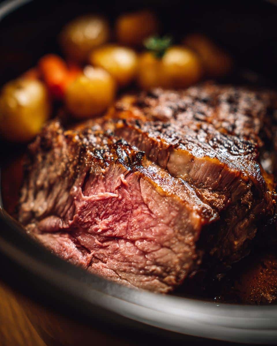 Delicious Slow Cooker Steak Cheddar Potato, Just 6 Steps 9 Close-up of juicy Slow Cooker Steak Cheddar Potato with tender steak slices and golden potatoes.