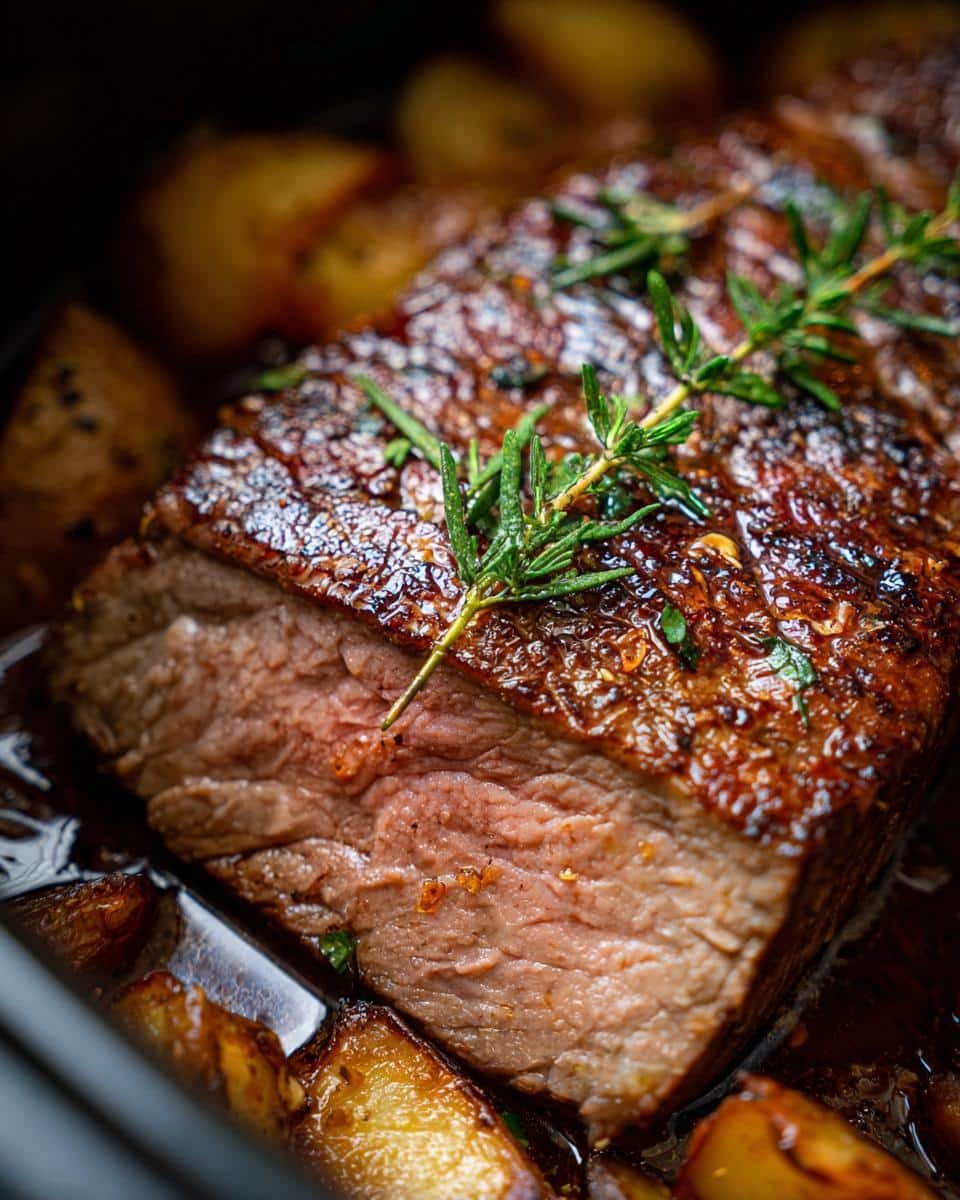 Delicious Slow Cooker Steak Cheddar Potato, Just 6 Steps 7 A close-up of Slow Cooker Steak Cheddar Potato with rosemary garnish, showing the steak's juicy interior and roasted potatoes.