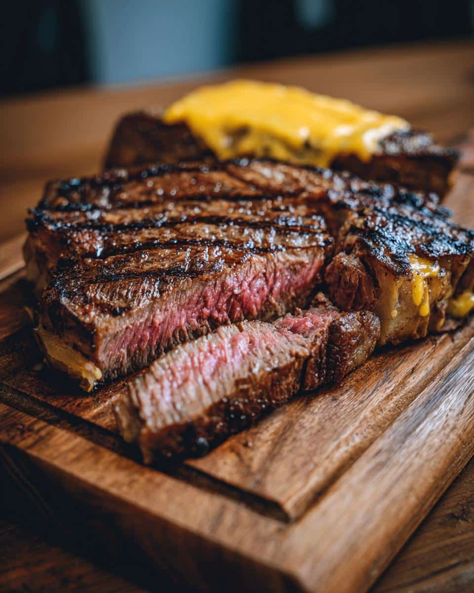 Delicious Slow Cooker Steak Cheddar Potato, Just 6 Steps 8 Juicy slow cooker steak cheddar potato, sliced and served on a wooden board, showcasing its tender, cheesy goodness.
