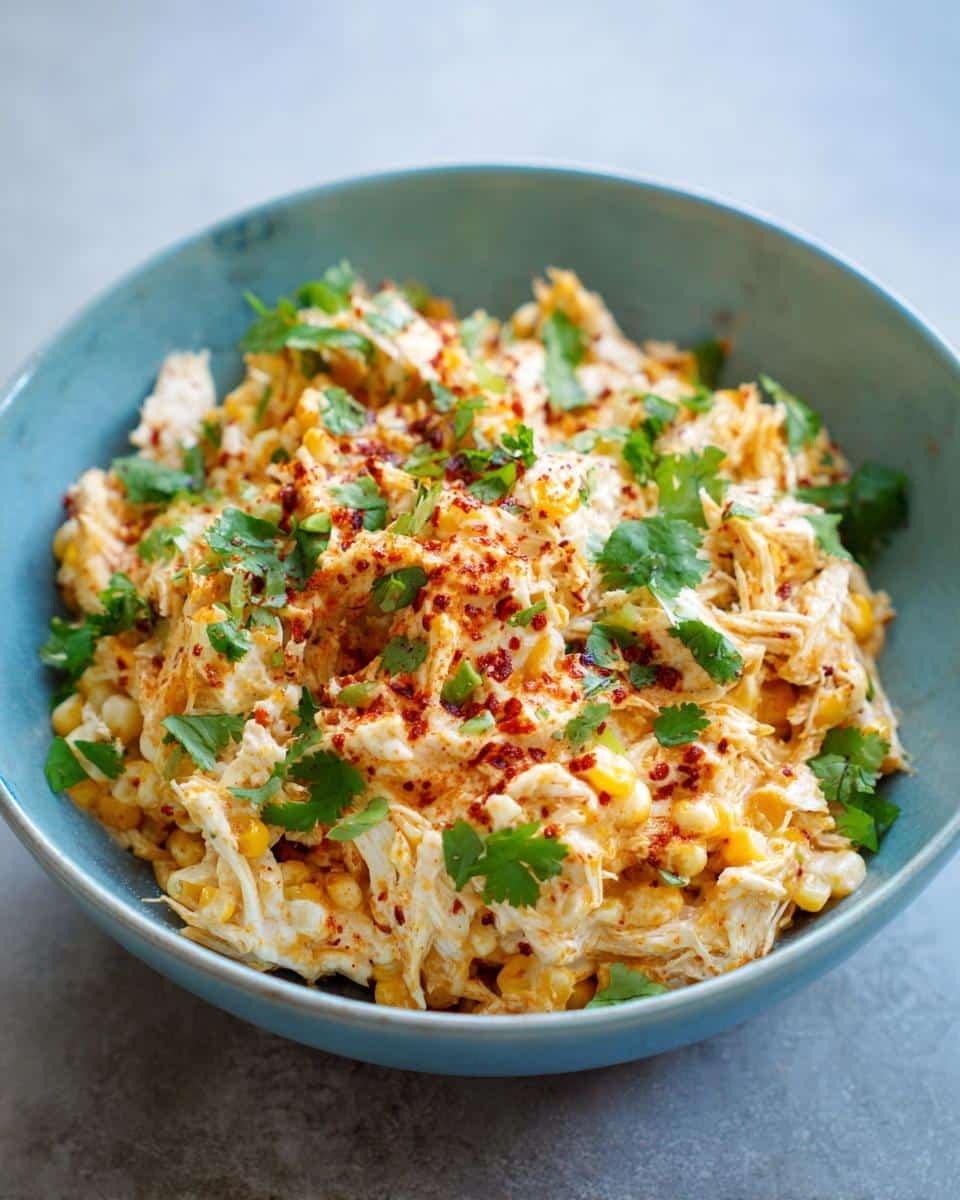 Easy Slow Cooker Street Corn Chicken: 4-Step Flavor 6 A vibrant bowl of Slow Cooker Street Corn Chicken, garnished with cilantro and chili powder.