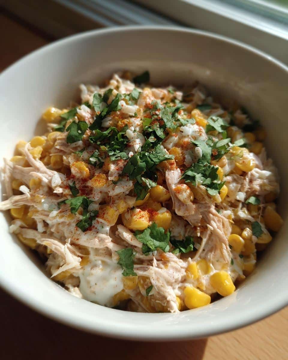 Easy Slow Cooker Street Corn Chicken: 4-Step Flavor 7 A bowl of Slow Cooker Street Corn Chicken, topped with cilantro and chili powder.