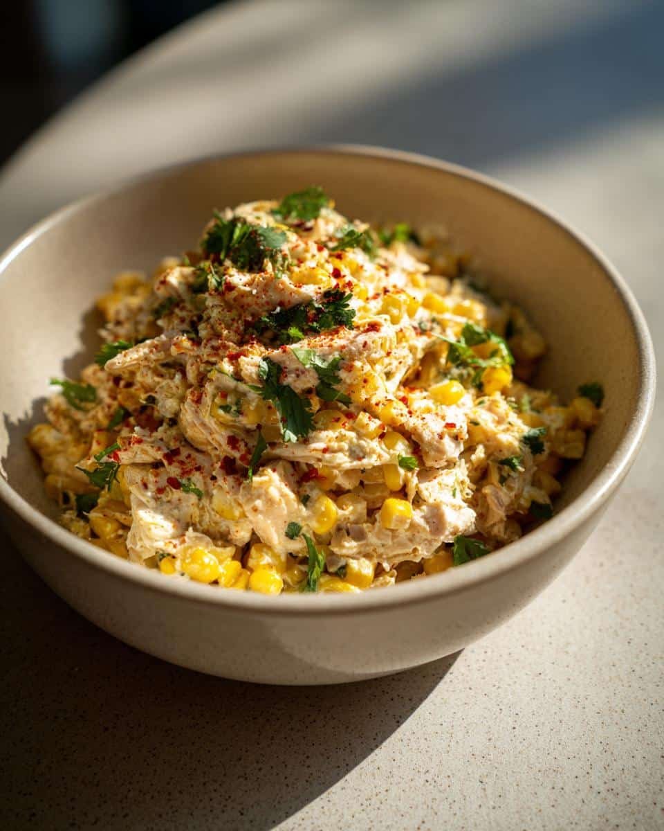 Easy Slow Cooker Street Corn Chicken: 4-Step Flavor 8 A bowl of creamy Slow Cooker Street Corn Chicken, garnished with cilantro and chili powder.