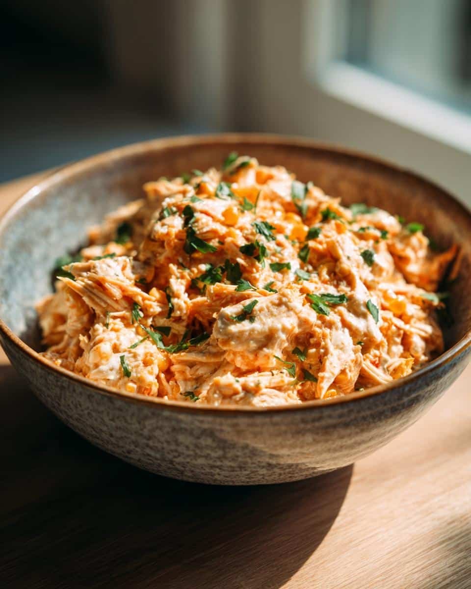 Easy Slow Cooker Street Corn Chicken: 4-Step Flavor 9 A bowl filled with Slow Cooker Street Corn Chicken, garnished with fresh parsley on a wooden table.