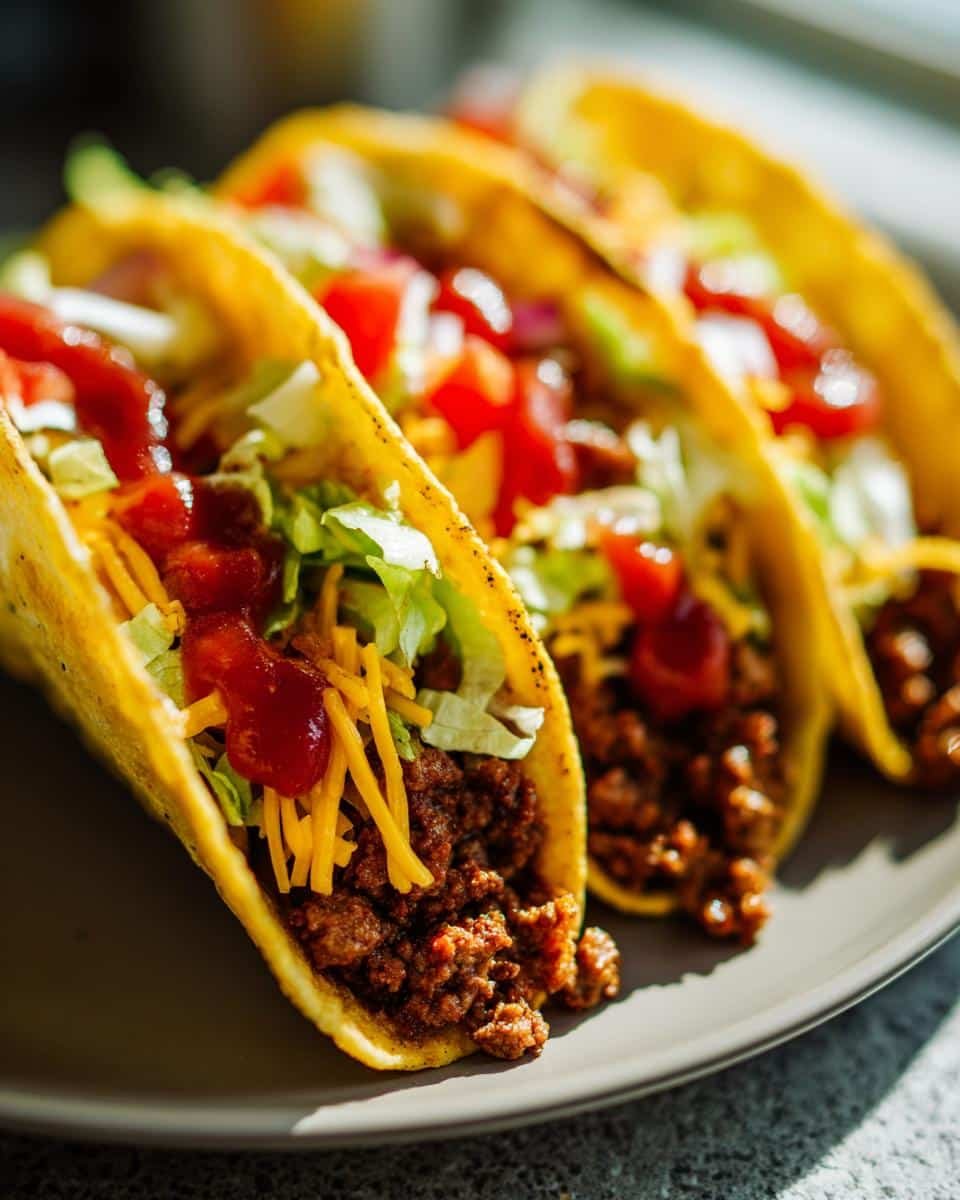 Unleash 24 Delectable Smash Burger Tacos, a Sinful Recipe 6 Three smash burger tacos filled with seasoned ground beef, lettuce, cheese, tomatoes, and sauce on a plate.