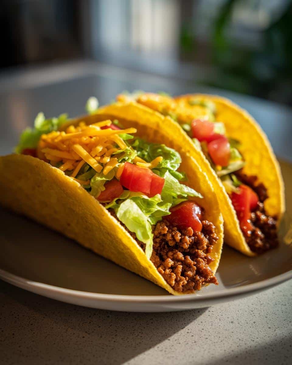 Unleash 24 Delectable Smash Burger Tacos, a Sinful Recipe 7 Three smash burger tacos filled with seasoned ground beef, lettuce, tomatoes, and cheese on a plate.