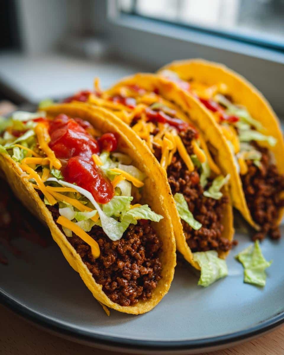 Unleash 24 Delectable Smash Burger Tacos, a Sinful Recipe 8 Three Smash Burger Tacos filled with seasoned ground beef, lettuce, cheese, and ketchup on a gray plate.