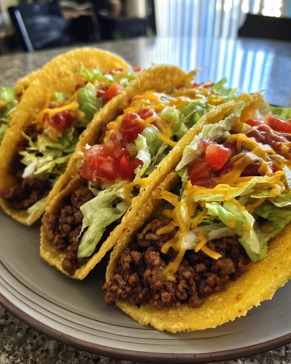 Unleash 24 Delectable Smash Burger Tacos, a Sinful Recipe 9 Three smash burger tacos filled with ground beef, lettuce, tomatoes, and cheese on a plate. Ready to eat smash burger tacos.